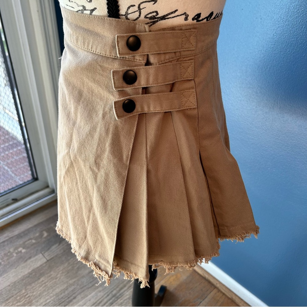 High-Waist Tan Mini Skirt with Button Tab Detail